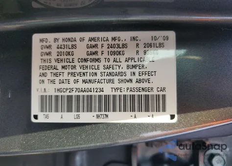 2010 Honda Accord Ex z USA, uszkodzony, nr VIN 1HGCP2F70AA041234